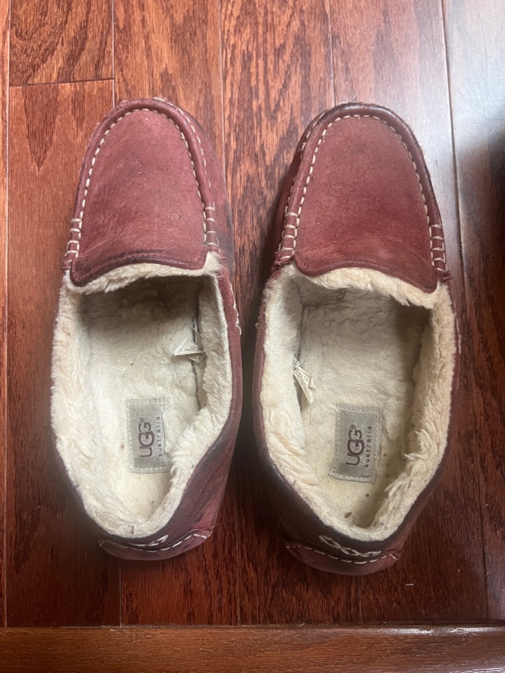 UGG women’s Burgundy Suede Shearling-Lined Moccasins
